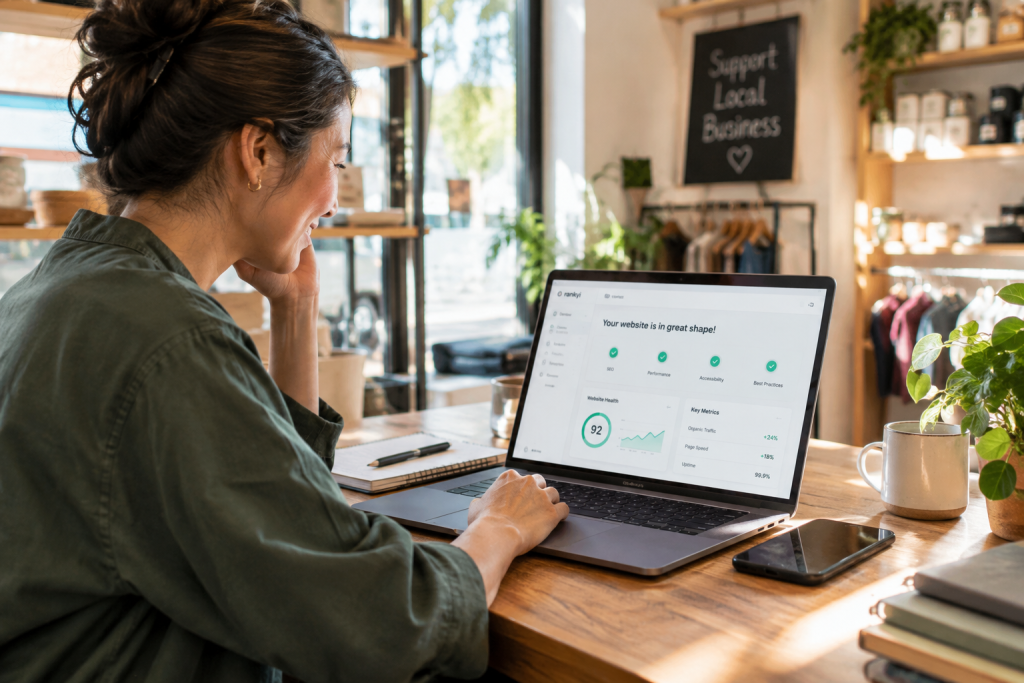 Small business owner reviewing website health metrics and SEO audit results on the Rankyi dashboard on a laptop.